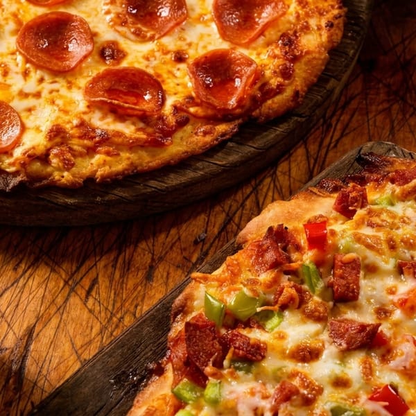 Two pizzas, one pepperoni and one with various toppings, on wooden boards with a spice shaker.