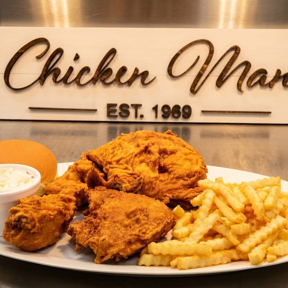 A plate of Chicken Man fried chicken, crinkle-cut fries, coleslaw, and a bun on a metal counter.