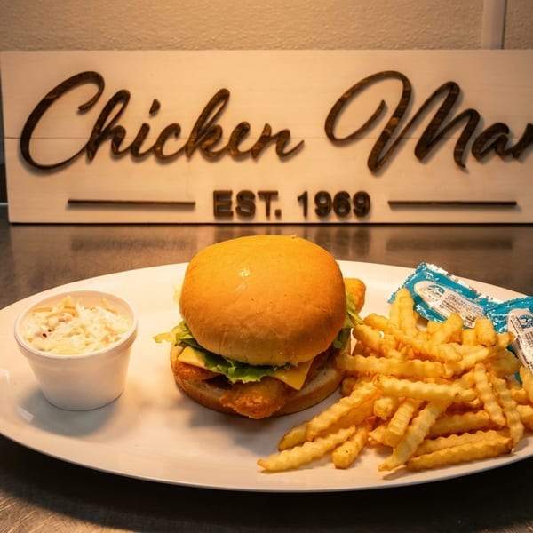 Chicken Man chicken sandwich combo with fries, coleslaw, and ketchup packets on a white plate.