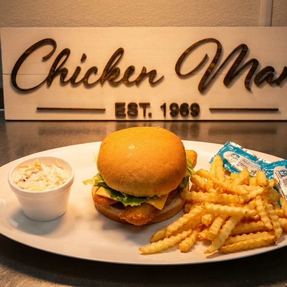 Chicken Man chicken sandwich combo with fries, coleslaw, and ketchup packets on a white plate.